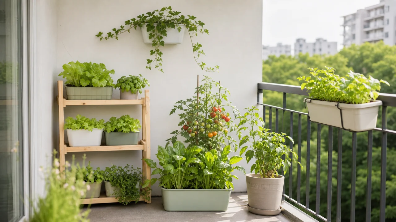 Edible plants growing in containers on a bright urban balcony